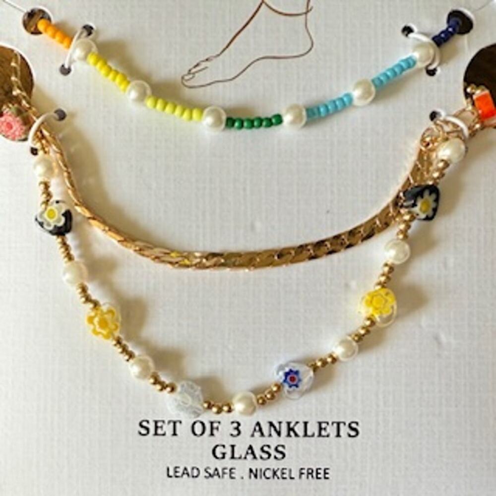NEW Piper K Colorful Beaded Anklets Set of 3 Glass Beach Summer